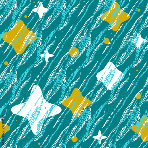 Abstract vector seamless patchy doodle pattern. Blue background with waves and stars. Textile print. Wallpaper