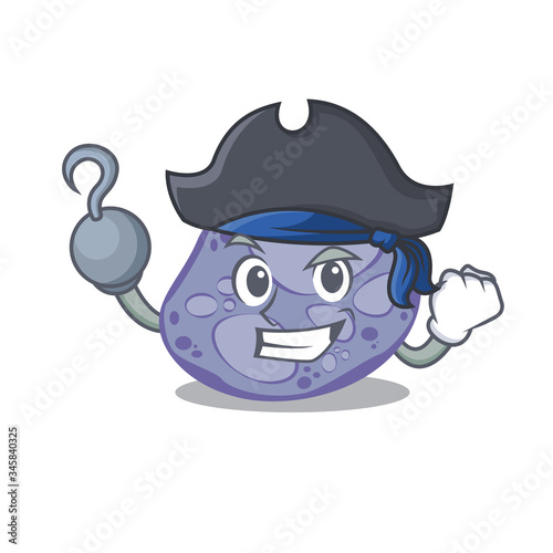 Blue planctomycetes cartoon design style as a Pirate with hook hand and a hat