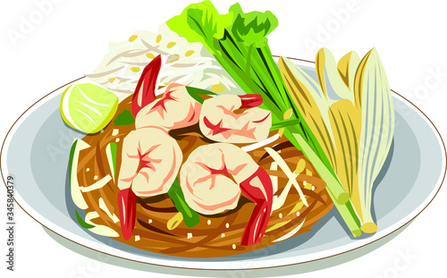 illustration Thai style noodles , Pad thai,
On a plate on a white background