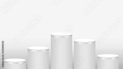 pedestal cylinder circle five steps for cosmetics showcase, podium circle stage white grey and silver color, platform 5 steps and advertising copy space, podium round five layers of product display