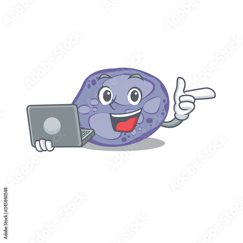 Cartoon character of blue planctomycetes clever student studying with a laptop