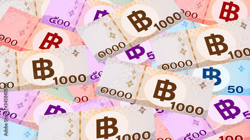 banknote money thai baht for background, money 1000, 500, 100, 50, 20 baht flat style in top view, thai currency THB for wallpaper pattern, paper money for banner background, business finance concept