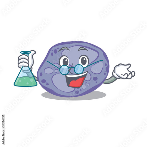 Blue planctomycetes smart Professor Cartoon design style working with glass tube