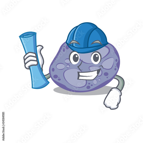 Cartoon character of blue planctomycetes brainy Architect with blue prints and blue helmet