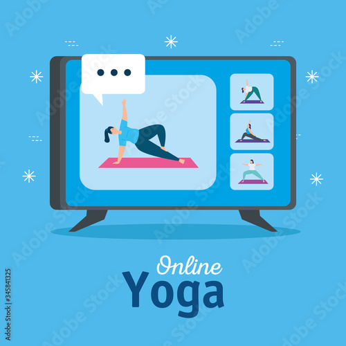 women practicing yoga online technology vector illustration design