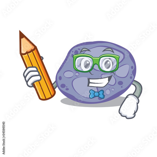 A brainy student blue planctomycetes cartoon character with pencil and glasses