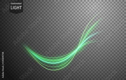 Abstract green wavy line of light with a transparent background, isolated and easy to edit