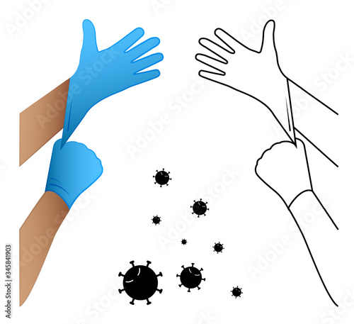 doctor puts latex gloves on his hands. Protecting health from harmful pathogens and substances. Prevention of the spread of disease. Isolated vector