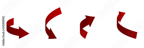 set of red 3D arrows of different shapes. Direction indicators. Isolated vector on white background