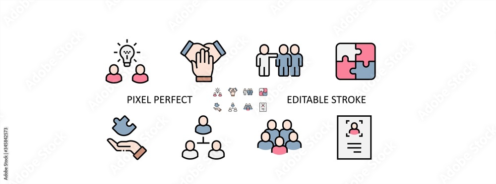 Obraz premium Team Work Filled Outline Icons. Colorful Linear Set Vector Line Icon. Cooperation, Collaboration, Team Meeting and more. 64x64 Pixel Perfect. Editable Stroke