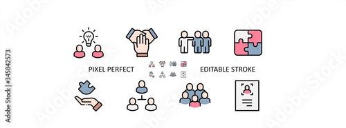 Team Work Filled Outline Icons. Colorful Linear Set Vector Line Icon. Cooperation, Collaboration, Team Meeting and more. 64x64 Pixel Perfect. Editable Stroke