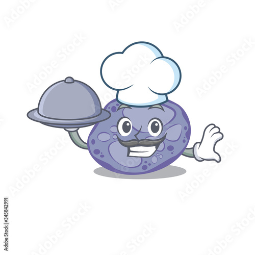 Blue planctomycetes chef cartoon character serving food on tray © kongvector