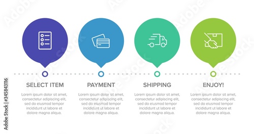 Concept of shopping process with 4 successive steps. Four colorful graphic elements. Timeline design for brochure, presentation, web site. Infographic design layout.