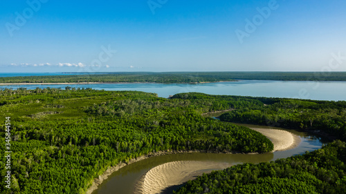 landscape with river winding through with sandy beach