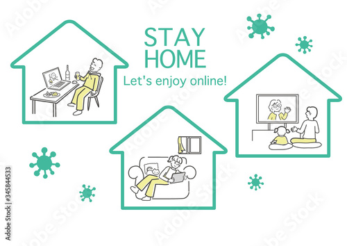 stay home,STAY HOME,ステイホーム,家,オンライン,家を楽しむ,コロナ,対策,感染対策,感染,感染予防,予防,自粛,家でできる,オンライン飲み会,オンライン帰郷,ホーム,リモート,楽しむ,ウィルス,白バック,白背景,カット,挿絵,素材,イラスト,イラストレーション,ベクター,eps