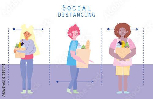 people hoarding purchase, covid 19 coronavirus prevention, social distancing, characters with grocery bag