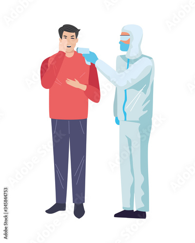 worker using biosafety suit with thermometer and person