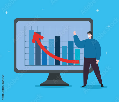 man with infographic of financial recovery in computer vector illustration design