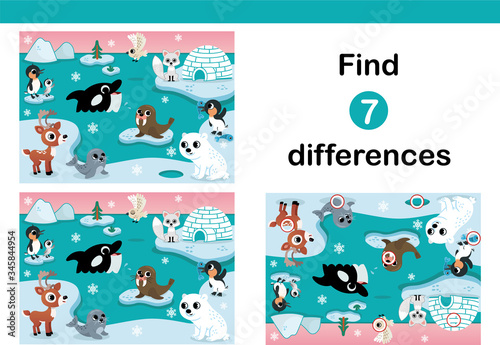 Vector Illustration of Arctic animals.Find 7 differences education game for kids. 