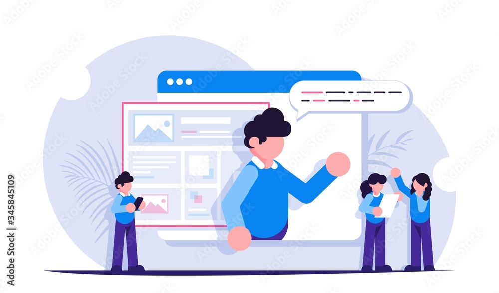 Webinar or video lesson. Distance method of education. Open browser tab. Modern flat vector illustration.