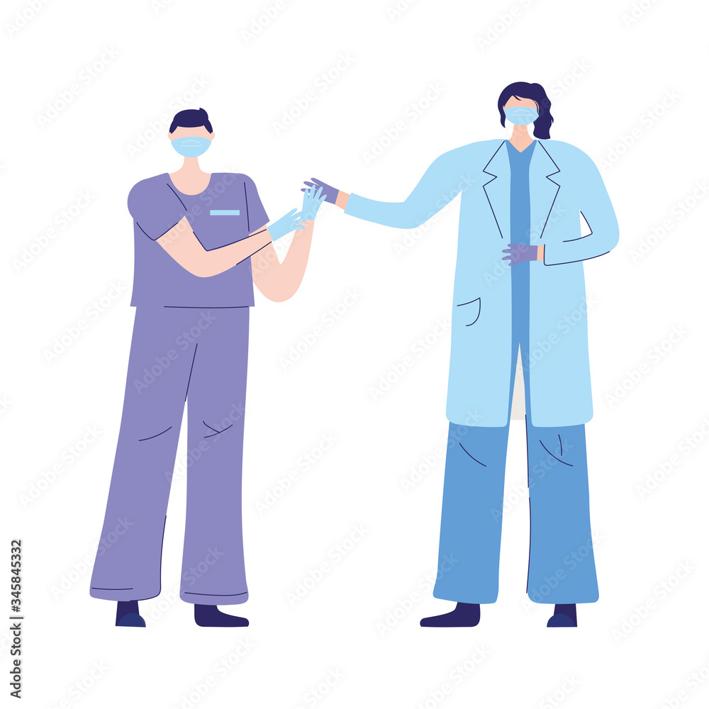 thanks doctors nurses, female physician and male nurse with medical masks thanks doctors nurses, female physician and male nurse with medical masks