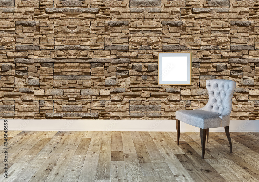 gray armchair and interior design in bright empty space. 3D illustration gray armchair and interior design in bright empty space. 3D illustration
