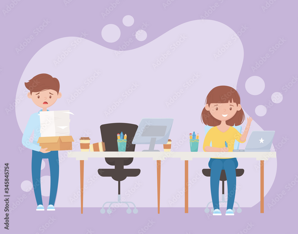 stress at work, stressed employee carrying pile of documents and female worker at desk stress at work, stressed employee carrying pile of documents and female worker at desk
