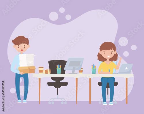 stress at work, stressed employee carrying pile of documents and female worker at desk