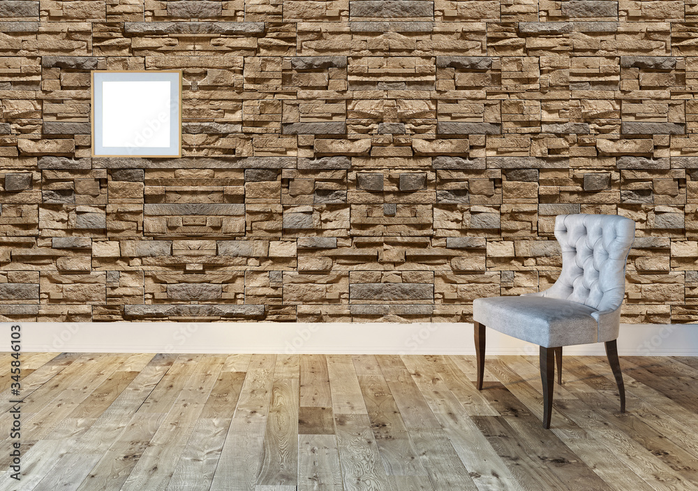 gray armchair and interior design in bright empty space. 3D illustration gray armchair and interior design in bright empty space. 3D illustration