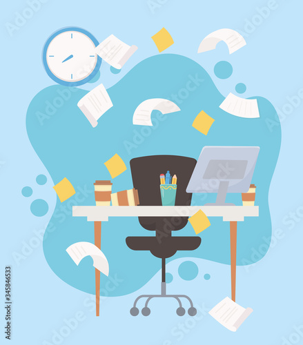 stress at work, falling papers desk chair computer clock sticky notes and clock