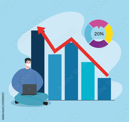 men with infographic of financial recovery vector illustration design