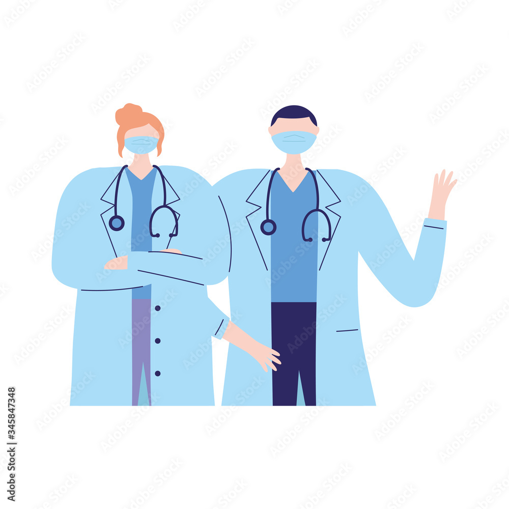 thanks doctors nurses, female and male physician with protective mask medical thanks doctors nurses, female and male physician with protective mask medical