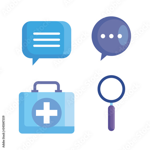 set of first aid kit with magnifying glass and speech bubbles design