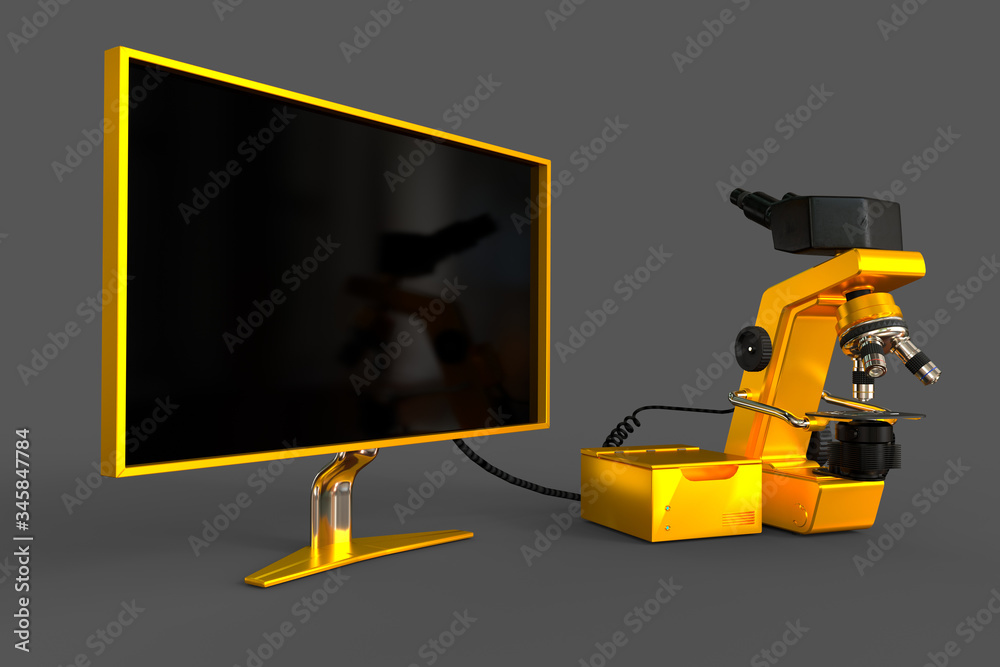 gold electronic microscope, system box and empty screen isolated, realistic medical 3d illustration with fictional design, microscopy research concept