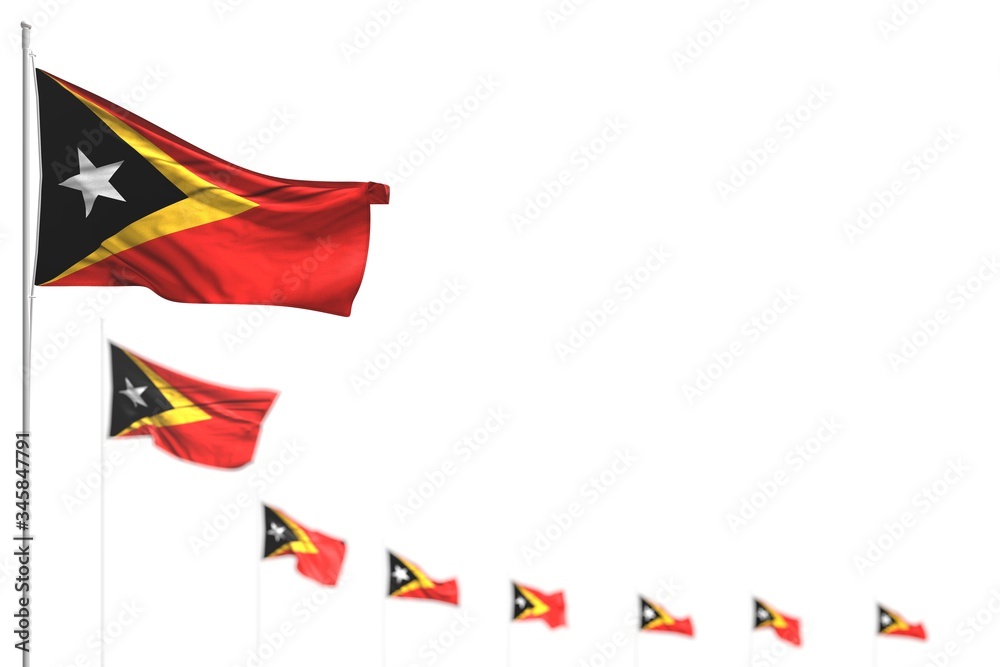 nice labor day flag 3d illustration. - Timor-Leste isolated flags placed diagonal, image with bokeh and place for your text - obrazy, fototapety, plakaty 