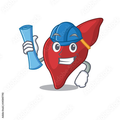 Cartoon character of healthy human liver brainy Architect with blue prints and blue helmet