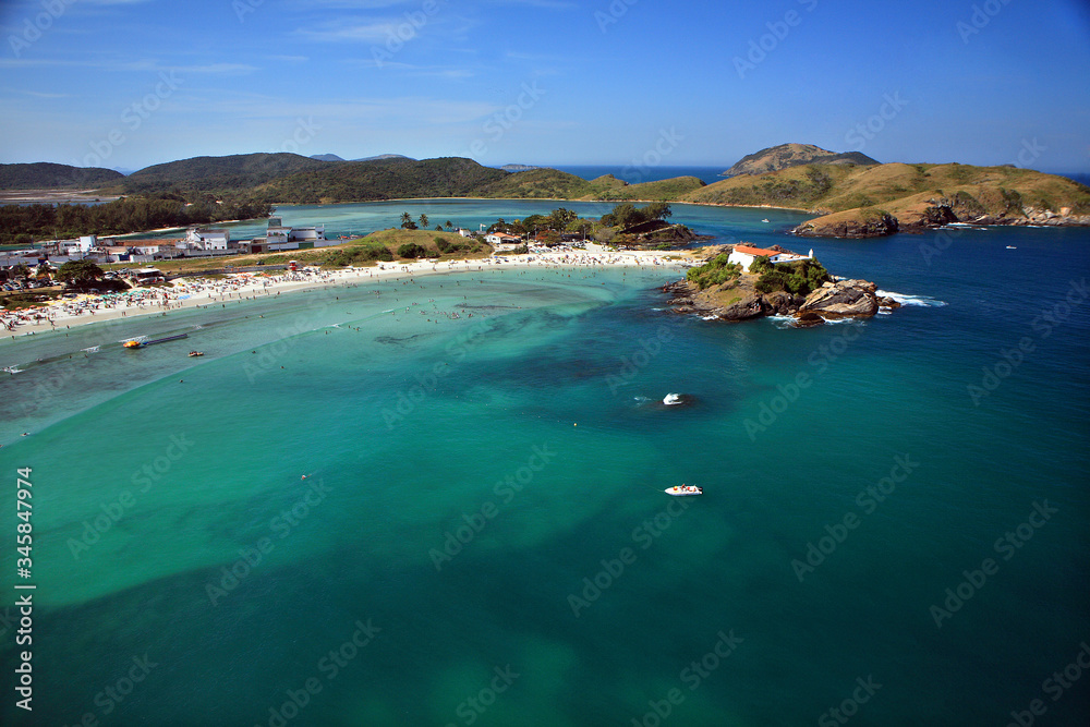 Aerial photo of Forte beach with turquoise sea in Cabo Frio city in Rio de Janeiro
