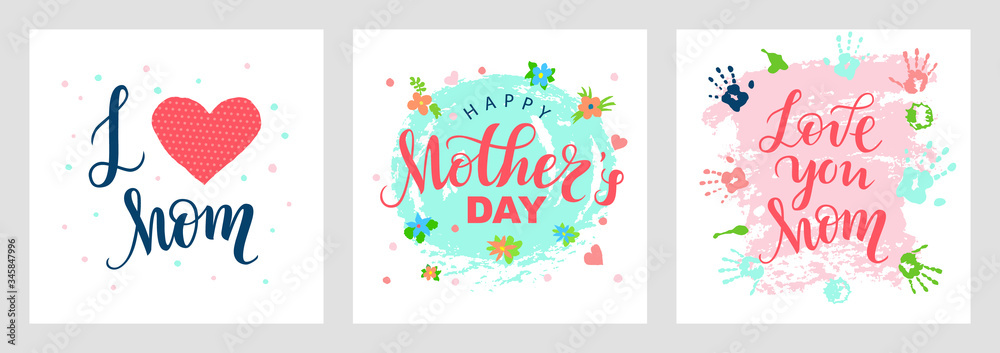 Card set with lettering I love mom, happy Mother's Day with decorative elements. Modern naive inscription for design, background, card, print, sticker, banner. Greeting card for Happy Mother's Day