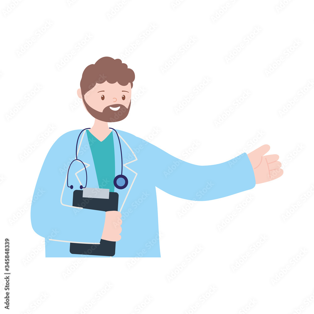 doctor professional character with medical report and stethoscope