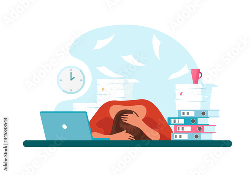 Woman in stress at work laid her head on the table. The concept of professional burnout, career problems, depression. A tired girl at work sits at a desk with a laptop and documents. Flat vector