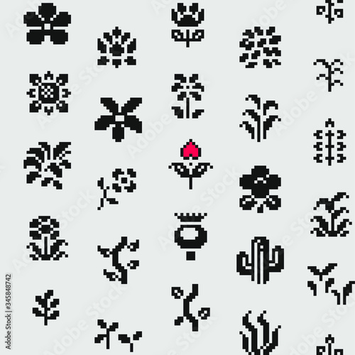 Plants seamless pattern,  fabric textures. Different types plants and flowers pixel art 1-bit style, isolated vector illustration. Game assets. Element design for knitting, logo, embroidery.