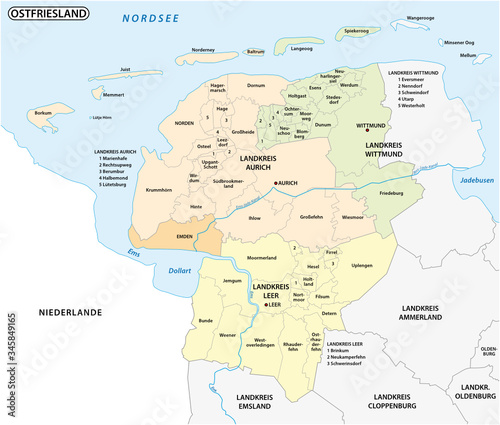 administrative and political map of the Lower Saxony region of East Frisia, Germany photo