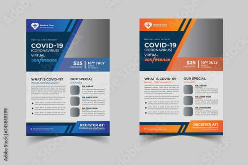  Coronavirus and Covid 19 virtual Conference Flyer Template Design with a4 size,Flyer design for Covid-19 Coronavirus concept, COVID-19 dangerous virus flyer poster brochure