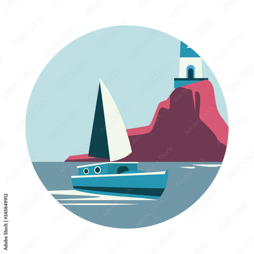 sea scape flat scene with lighthouse and sailboat sea scape flat scene with lighthouse and sailboat