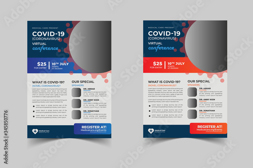 Coronavirus and Covid 19 virtual Conference Flyer Template Design with a4 size,Flyer design for Covid-19 Coronavirus concept, COVID-19 dangerous virus flyer poster brochure