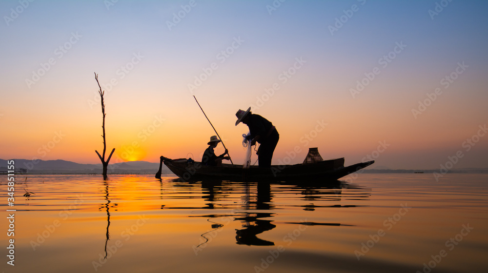 fisherman asia silhouette morning sun rise