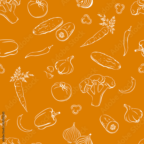 Vegetables outline seamless pattern on orange background. Simple vector monochrome illustration of fresh food. Silhouettes of broccoli, tomato, onion, chili, carrot, garlic, cucumber, paprika.