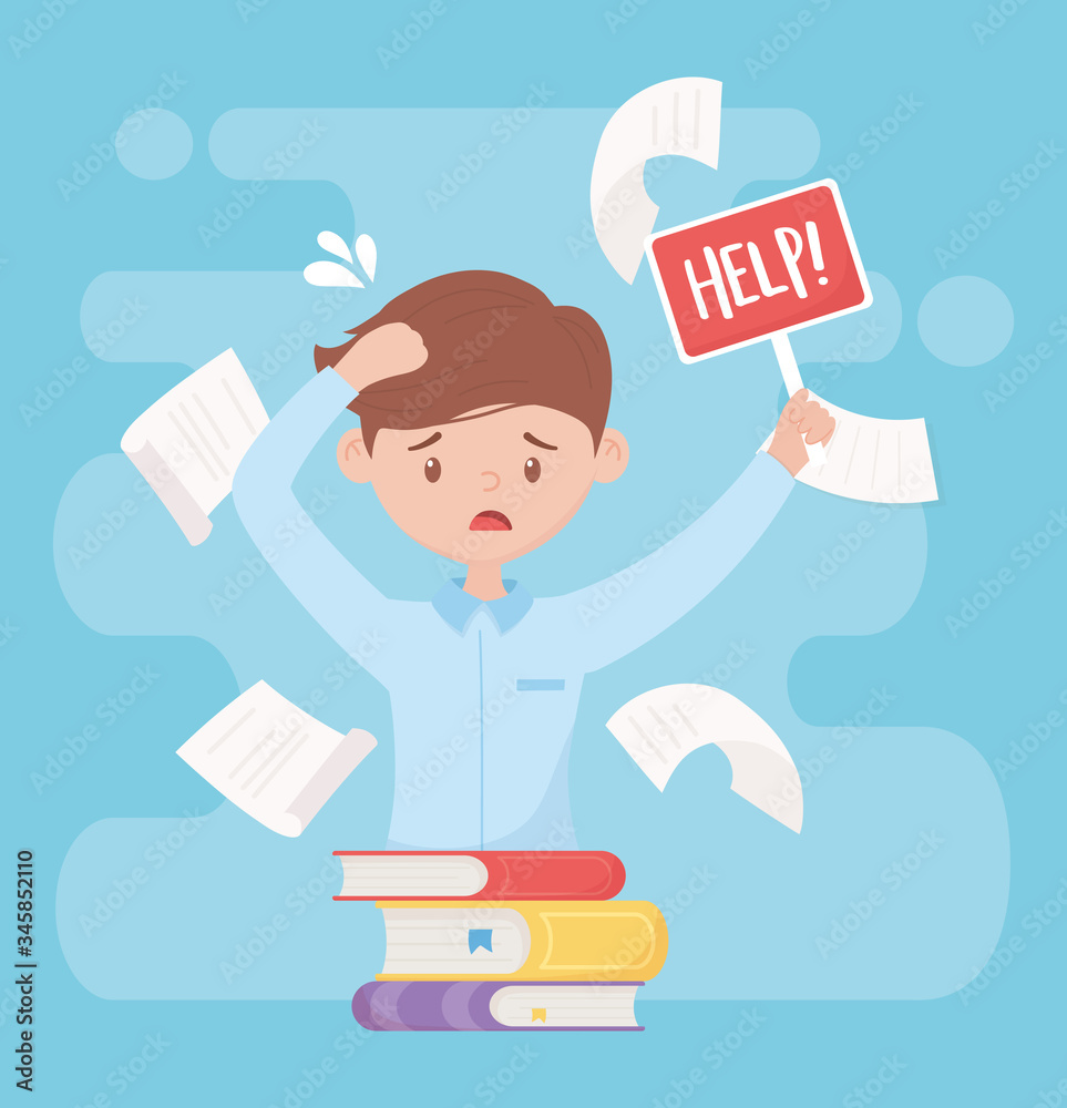 stress at work, employee with help placard books falling papers stress at work, employee with help placard books falling papers