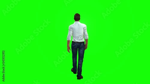 4k 3d animated AVATAR man walking away with back to camera, and fighting against the virus, on a green background.