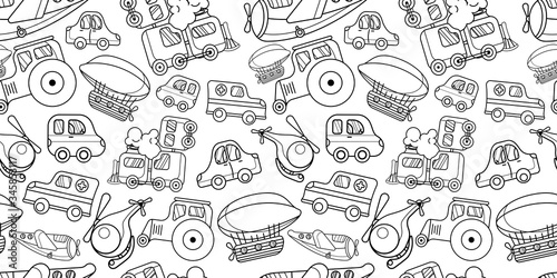 template for baby coloring. seamless pattern with a toy cartoon steam train, cars, plane, helicopter, ambulance and aerostat